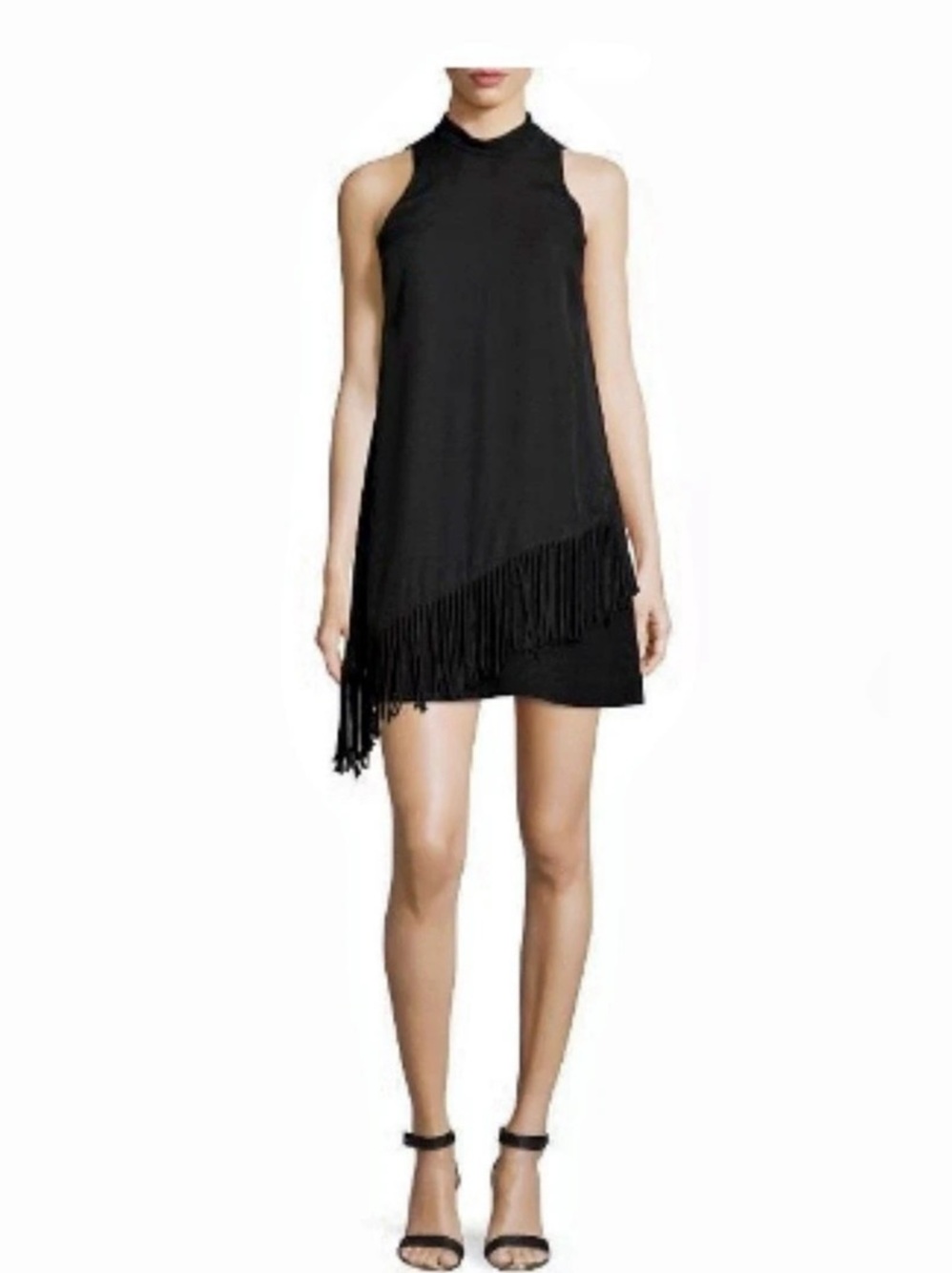 Elizabeth and James Silk Annalisa Fringe Mock Neck Dress Black XS
